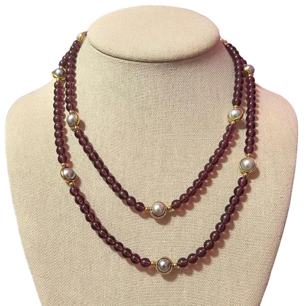 ⭐️3/$25⭐️ Purple Lucite Gold And Pearl Station Long Necklace